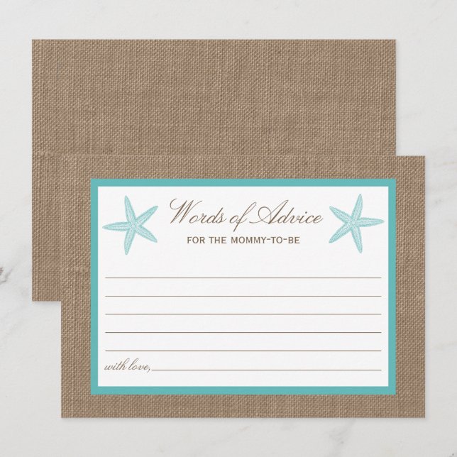 Turquoise Starfish Burlap Beach Baby Dusche Hinweiskarte (Vorne/Hinten)