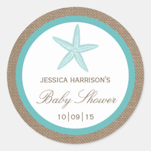 Turquoise Starfish Burlap Beach Baby Dusche Runder Aufkleber
