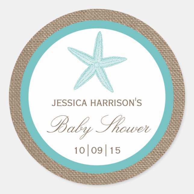 Turquoise Starfish Burlap Beach Baby Dusche Runder Aufkleber (Vorderseite)
