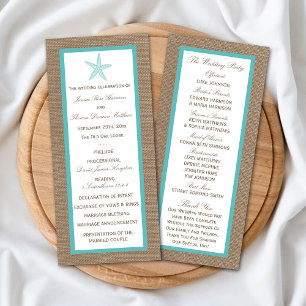 Turquoise Starfish Burlap Beach Hochzeitsprogramm Werbekarte