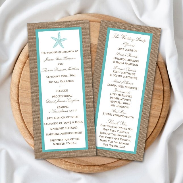 Turquoise Starfish Burlap Beach Hochzeitsprogramm Werbekarte (Von Creator hochgeladen)
