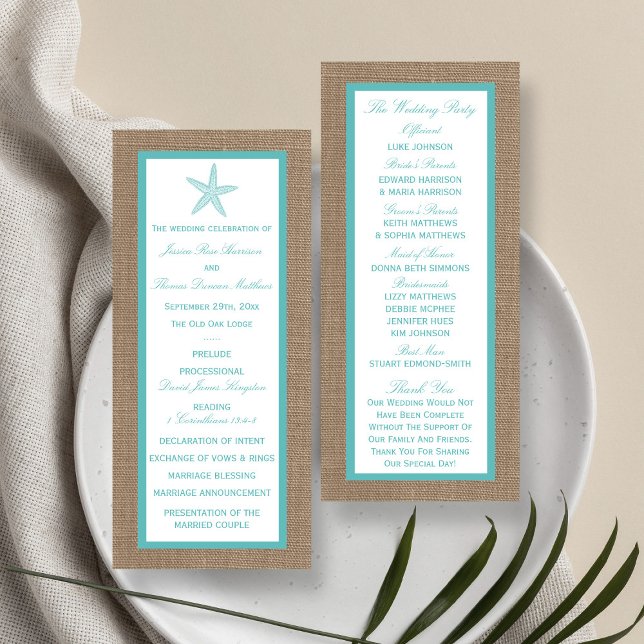 Turquoise Starfish Burlap Beach Hochzeitsprogramm Werbekarte (Von Creator hochgeladen)