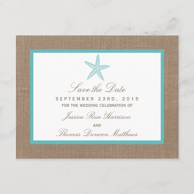 Turquoise Starfish Burlap Beach Wedding Collection Ankündigungspostkarte (Vorderseite)