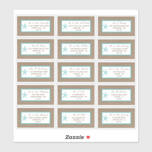 Turquoise Starfish Burlap Beach Wedding Collection Aufkleber (Blatt)