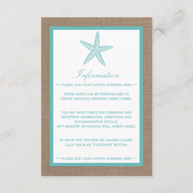 Turquoise Starfish Burlap Beach Wedding Collection Begleitkarte (Vorderseite)