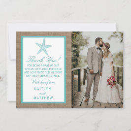 Turquoise Starfish Burlap Beach Wedding Collection Dankeskarte