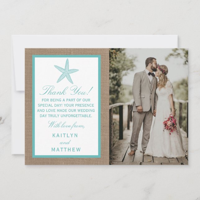 Turquoise Starfish Burlap Beach Wedding Collection Dankeskarte (Vorderseite)