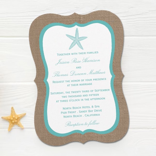 Turquoise Starfish Burlap Beach Wedding Collection Einladung (Von Creator hochgeladen)
