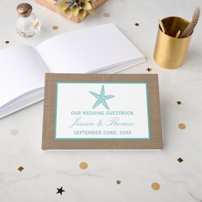 Turquoise Starfish Burlap Beach Wedding Collection Gästebuch (Vorderseite Offen)