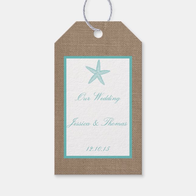 Turquoise Starfish Burlap Beach Wedding Collection Geschenkanhänger (Vorderseite)