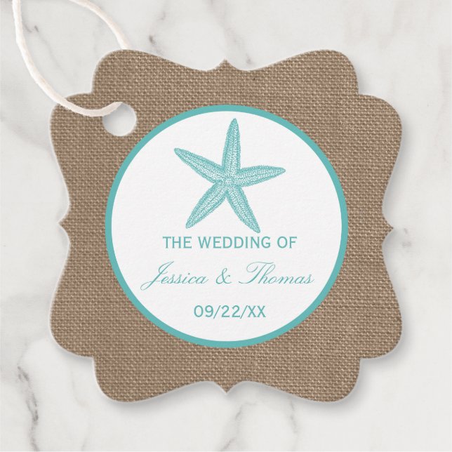 Turquoise Starfish Burlap Beach Wedding Collection Geschenkanhänger (Vorderseite)