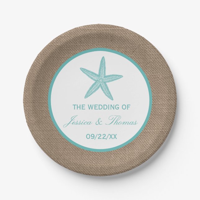 Turquoise Starfish Burlap Beach Wedding Collection Pappteller (Vorderseite)