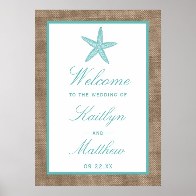 Turquoise Starfish Burlap Beach Wedding Collection Poster (Vorne)