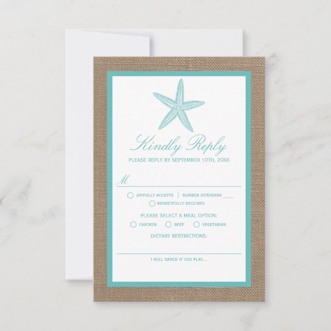 Turquoise Starfish Burlap Beach Wedding Collection RSVP Karte (Vorderseite)