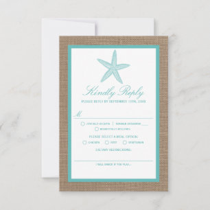 Turquoise Starfish Burlap Beach Wedding Collection RSVP Karte
