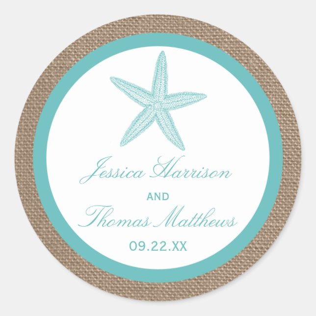 Turquoise Starfish Burlap Beach Wedding Collection Runder Aufkleber (Vorderseite)