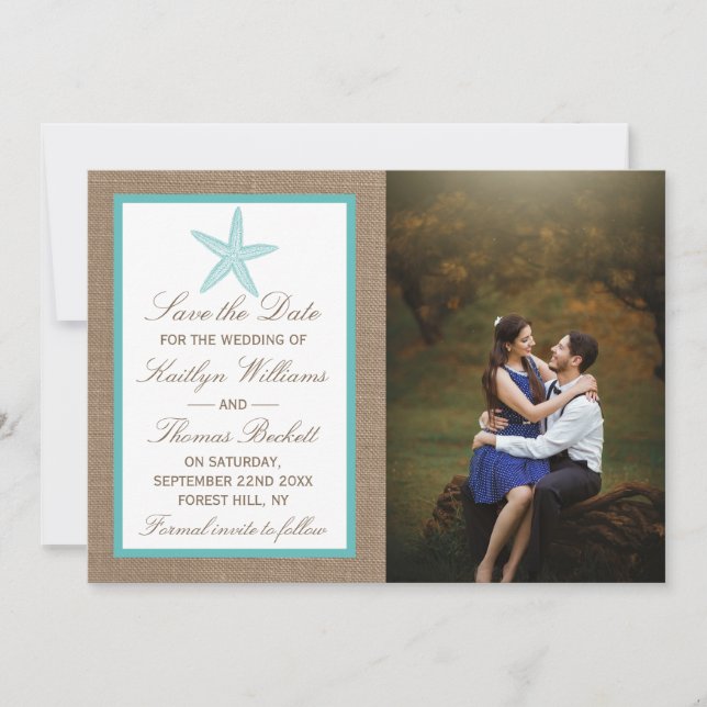 Turquoise Starfish Burlap Beach Wedding Collection Save The Date (Vorderseite)