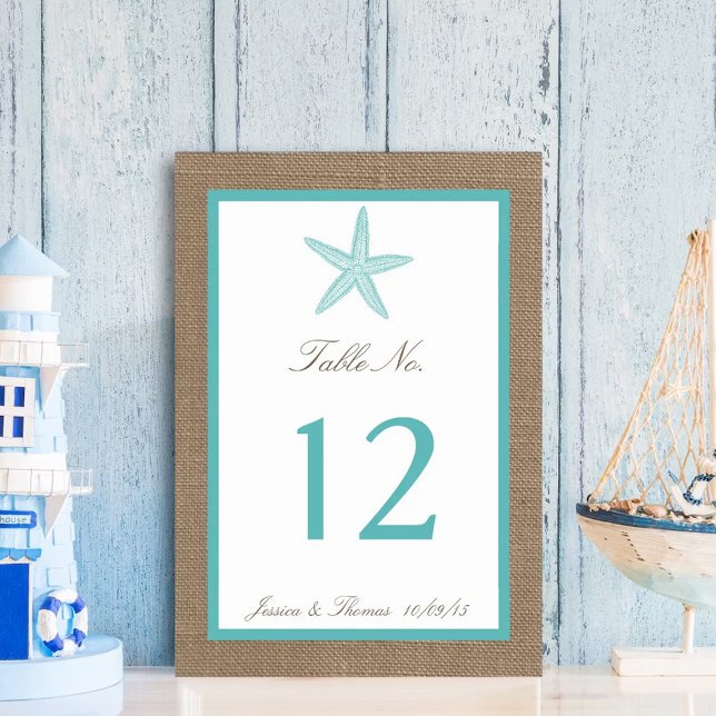 Turquoise Starfish Burlap Beach Wedding Collection Tischnummer (Von Creator hochgeladen)