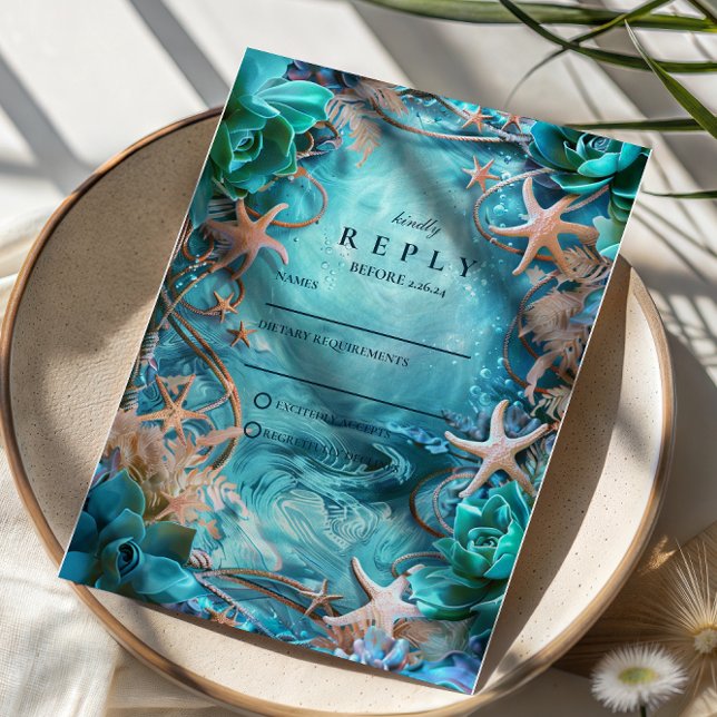 Turquoise Starfish Ocean Wedding RSVP Karte (Von Creator hochgeladen)