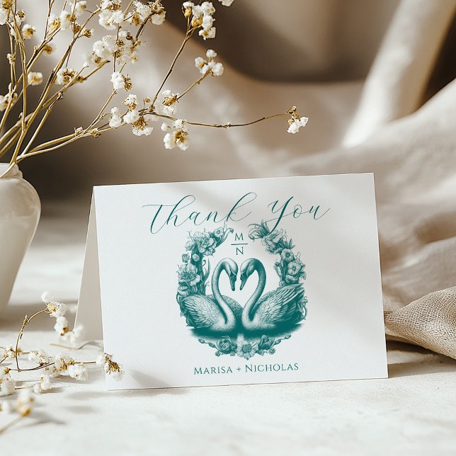 Turquoise Swan Lake Mariage Carte de remerciements (Elegant Teal Thank You Card)