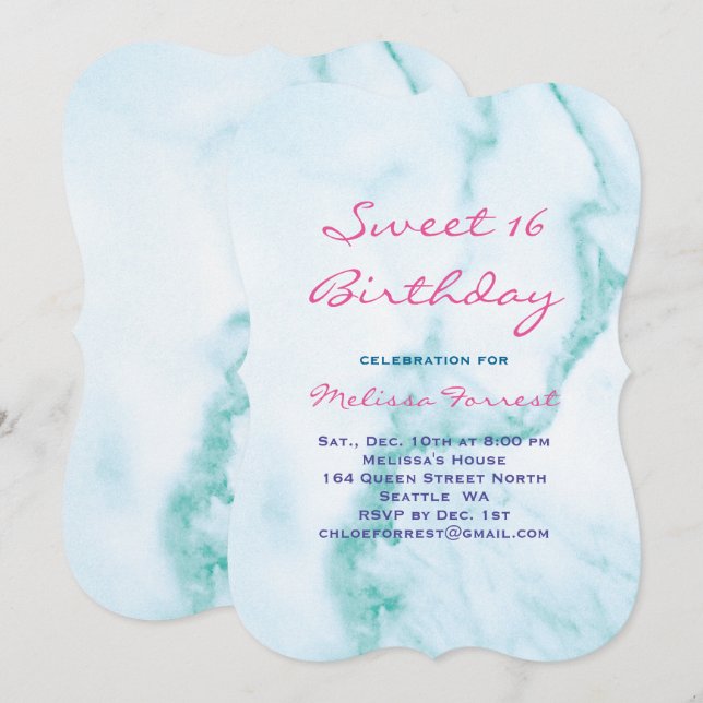 Turquoise Sweet 16 Marbre Invitation Anniversaire (Devant / Derrière)