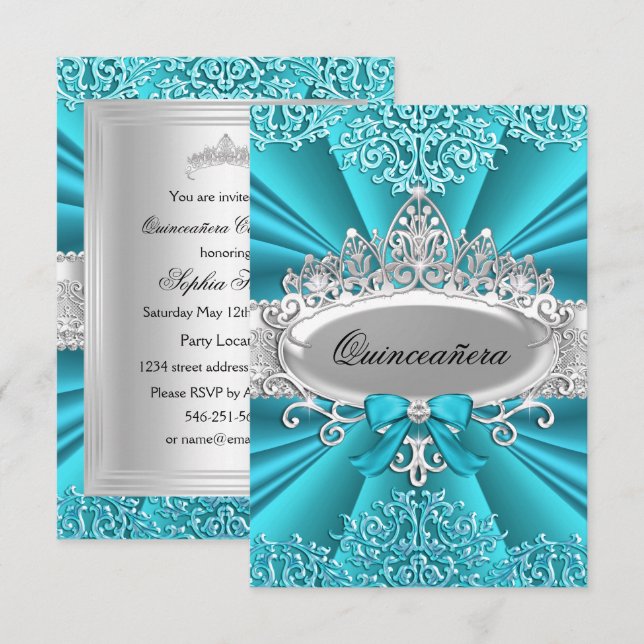 Turquoise Tiara Damask Quinceanera Invitation du p (Devant / Derrière)