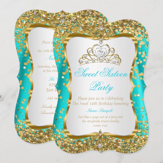 Turquoise Tiara Princess Sweet 16 Or Invitation bl (Devant / Derrière)
