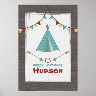 Turquoise Tipi Camping Poster d'anniversaire