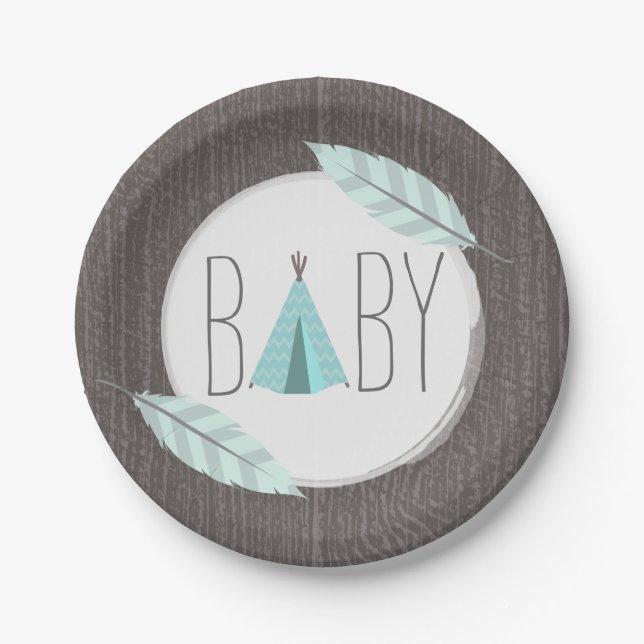 Turquoise Tipi Kinderdusche - Holz Inspiriert Pappteller (Vorderseite)