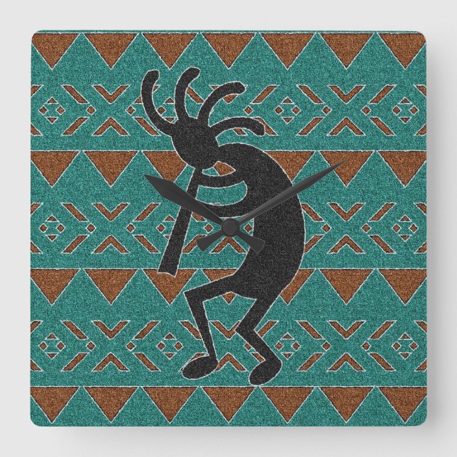 Turquoise Tribal Design Kokopelli Quadratische Wanduhr (Vorderseite)