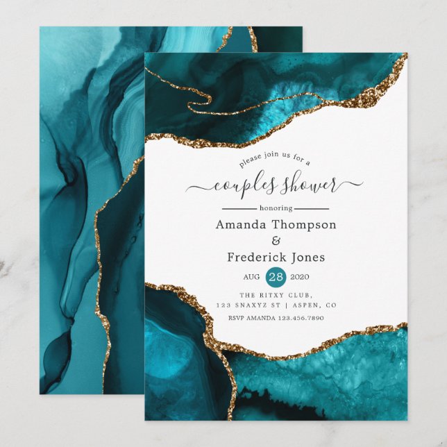 Turquoise und Gold Agate Paare Dusche Einladung (Vorne/Hinten)