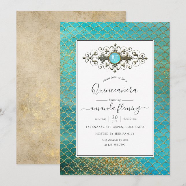 Turquoise und Gold Gemstone Meerjungfrau Quinceañe Einladung (Vorne/Hinten)