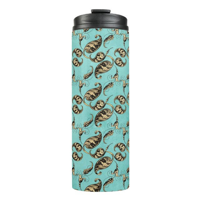 Turquoise und Gold Peacock Paisley Thermosbecher (Vorderseite)