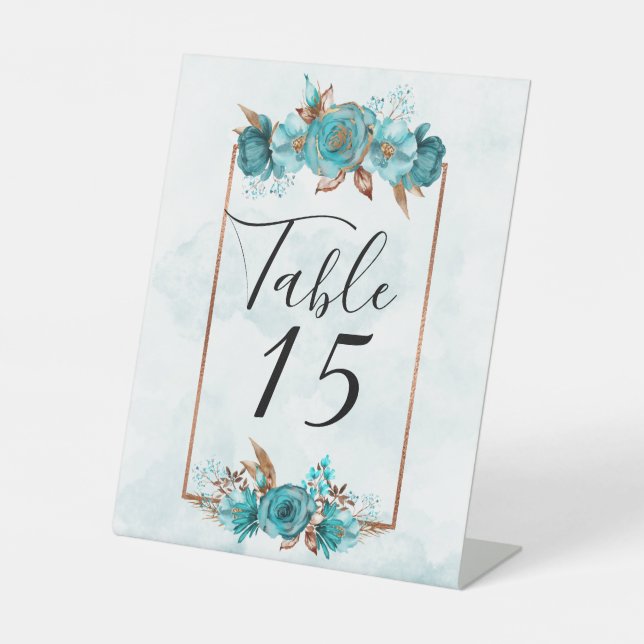 Turquoise und Gold Peony Wedding Tischnummer Sockelschild (Vorderseite)