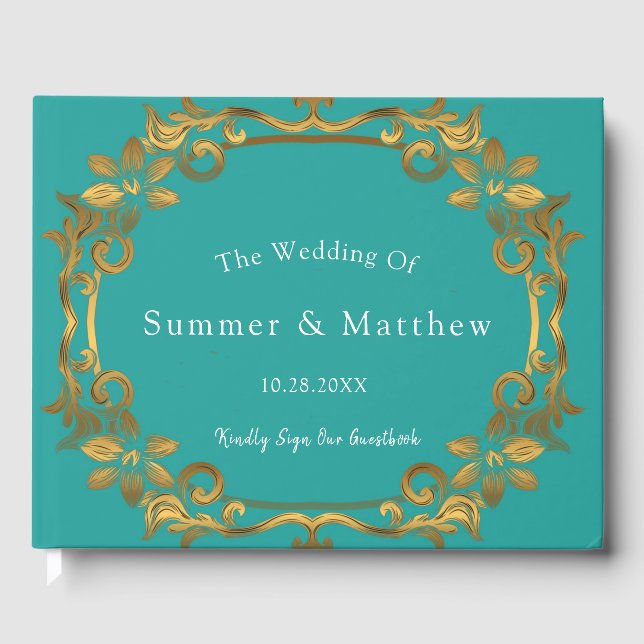 Turquoise und Gold Wedding Guest Book Gästebuch (Vorderseite)