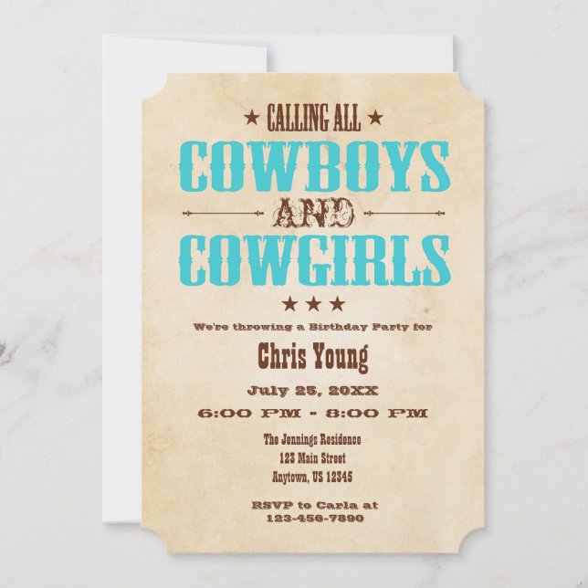 Turquoise Vintage Cowboy Invitation d'anniversaire (Devant)