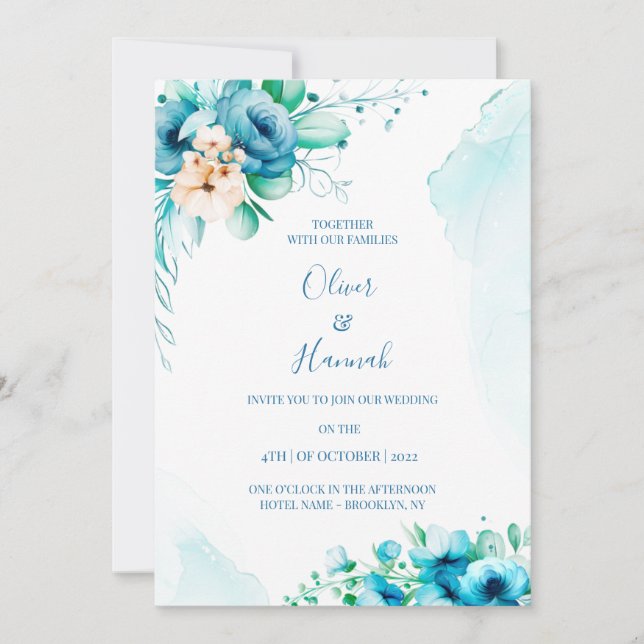  Turquoise Watercolor Floral Wedding Invitation Einladung (Vorderseite)