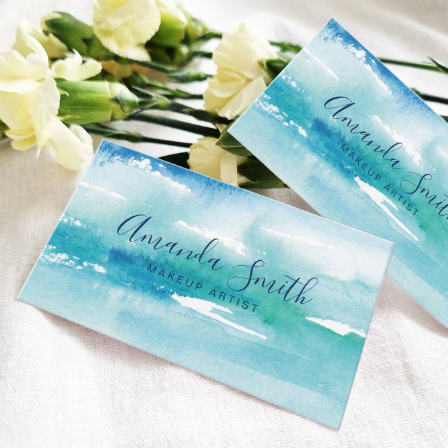 Turquoise Watercolor Ocean  Business Card Visitenkarte (Von Creator hochgeladen)