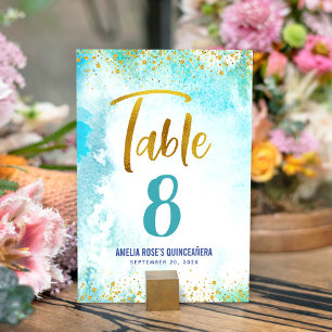 Turquoise Watercolor Quinceañera Gold Script Girl Tischnummer