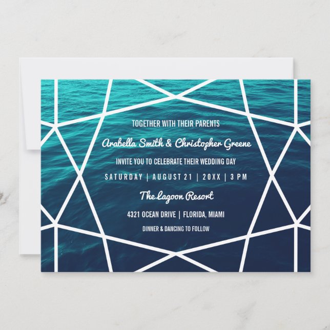 Turquoise Waves Geometric Wedding Einladung (Vorderseite)