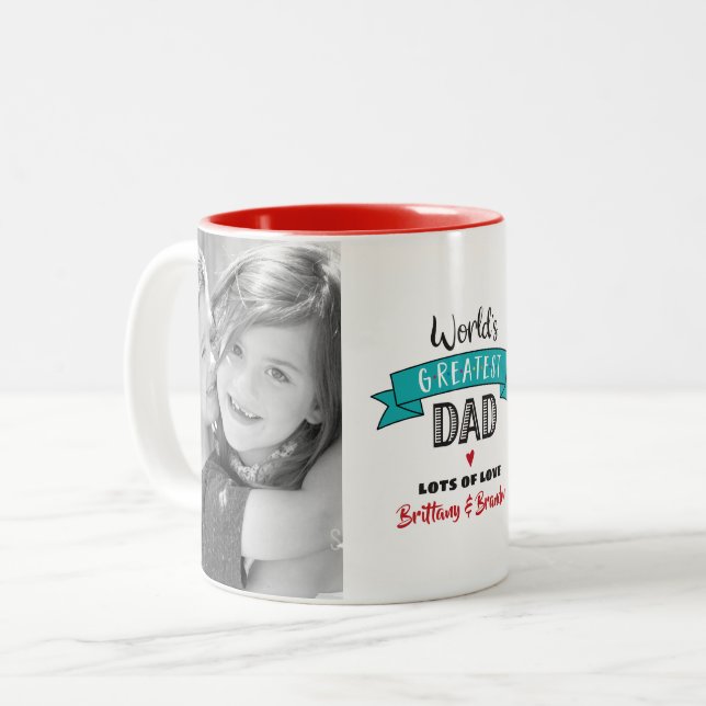 Turquoise Welt Bester Vater 2 Foto Bold Modern Zweifarbige Tasse (Vorderseite Links)