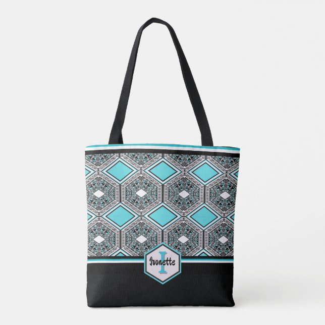 Turquoise, White & Black Tribal Tapestry Tasche (Rückseite)