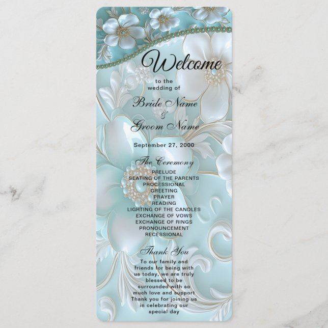 Turquoise White Floral Wedding Programme (Devant)