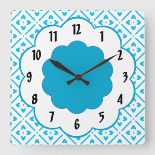 Turquoise White Flower Retro Pattern Wall Clock Quadratische Wanduhr