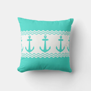 Turquoise White Nautical Anchor Coastal Stripes Kissen
