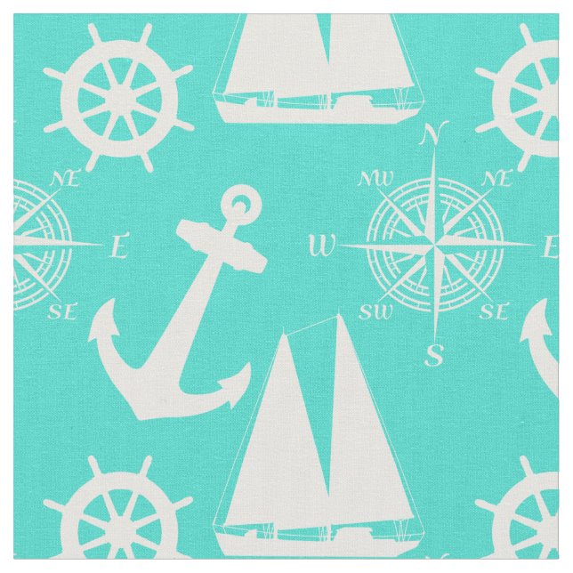 Turquoise White Nautical Coastal Boating Stoff (Nahaufnahme)