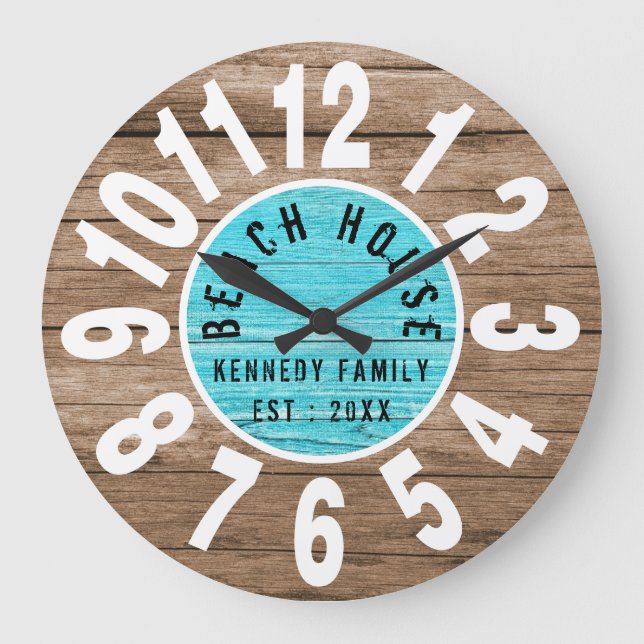 Turquoise Wood Brown Beach House White Big Numbers Große Wanduhr (Vorderseite)