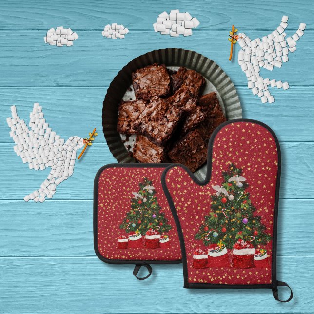 Turteltauben im Weihnachtsgebirge rot Ofenhandschuh & Topflappen-Set (Von Creator hochgeladen)