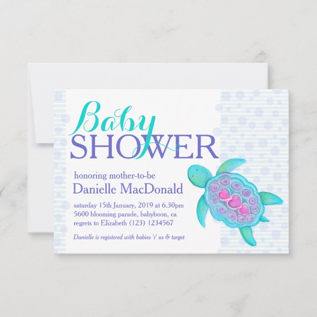Turtle Art Baby Dusche Aqua lila Einladungen (Vorderseite)