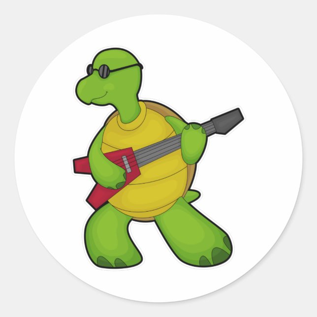 Turtle at Music mit Gitarre & Sonnenbrille Runder Aufkleber (Vorderseite)